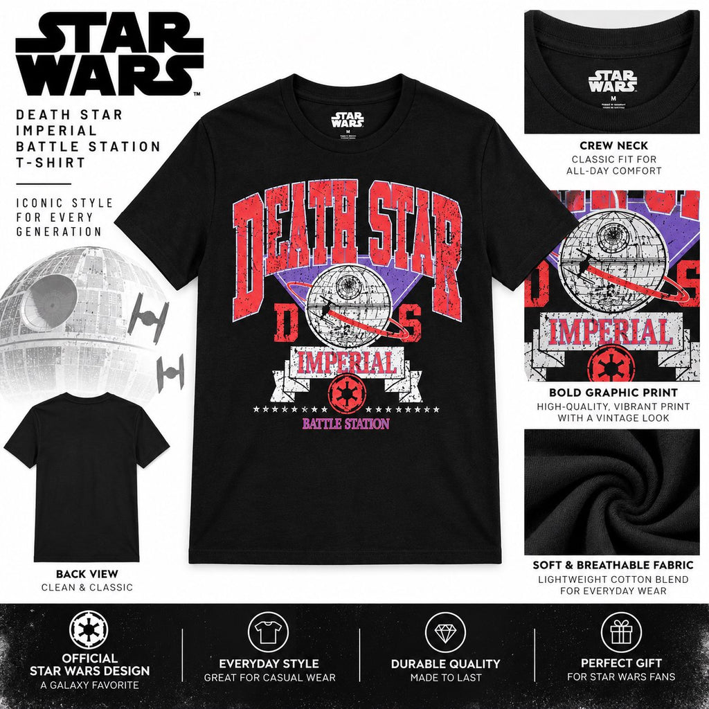 Star Wars Men's Short Sleeve T-Shirt – Death Star Collegiate Varsity Graphic Tee – Black