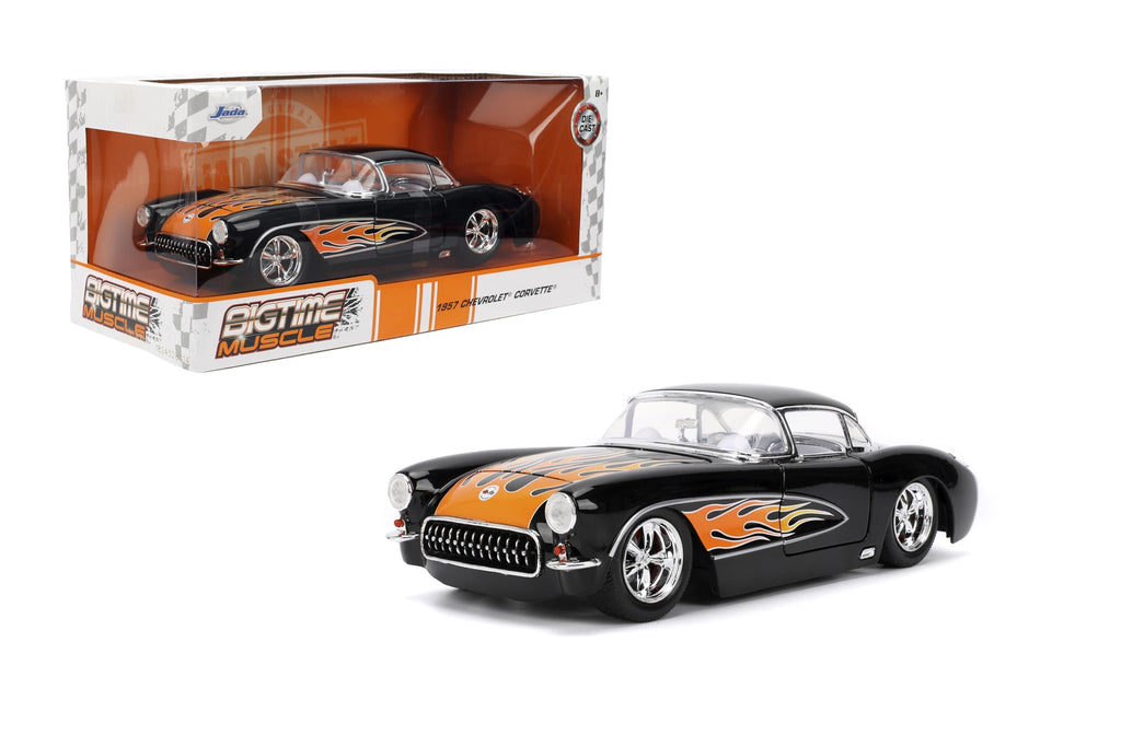 Jada Toys Bigtime Muscle 1:24 1957 Chevy Corvette Die-cast Car – Opening Doors, Hood, Trunk, Rubber Tires(Glossy Black Flames)