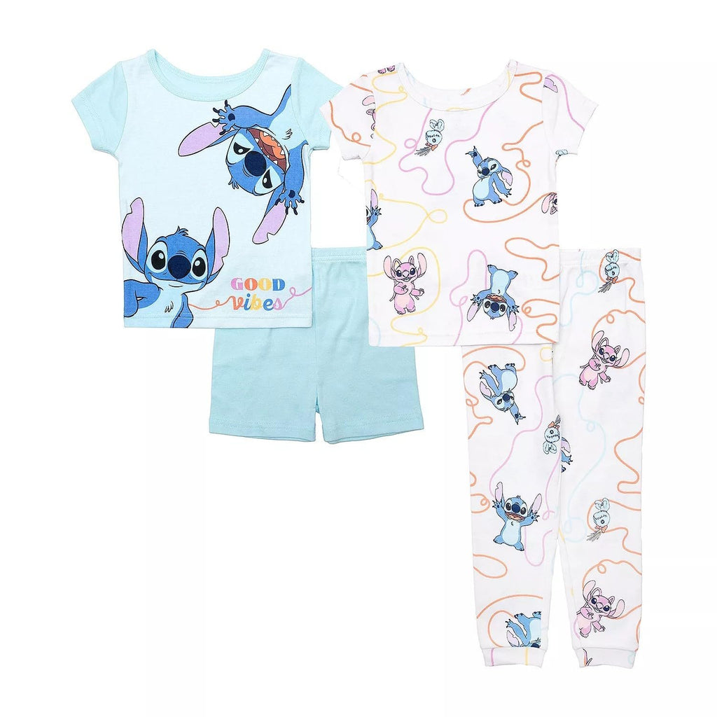 Centric Brands Girls’ Stitch & Angel 4pc Pajama Set – 2 Short Sleeve Tops, Shorts & Pants – Cute Disney Sleepwear – 100% Cotton