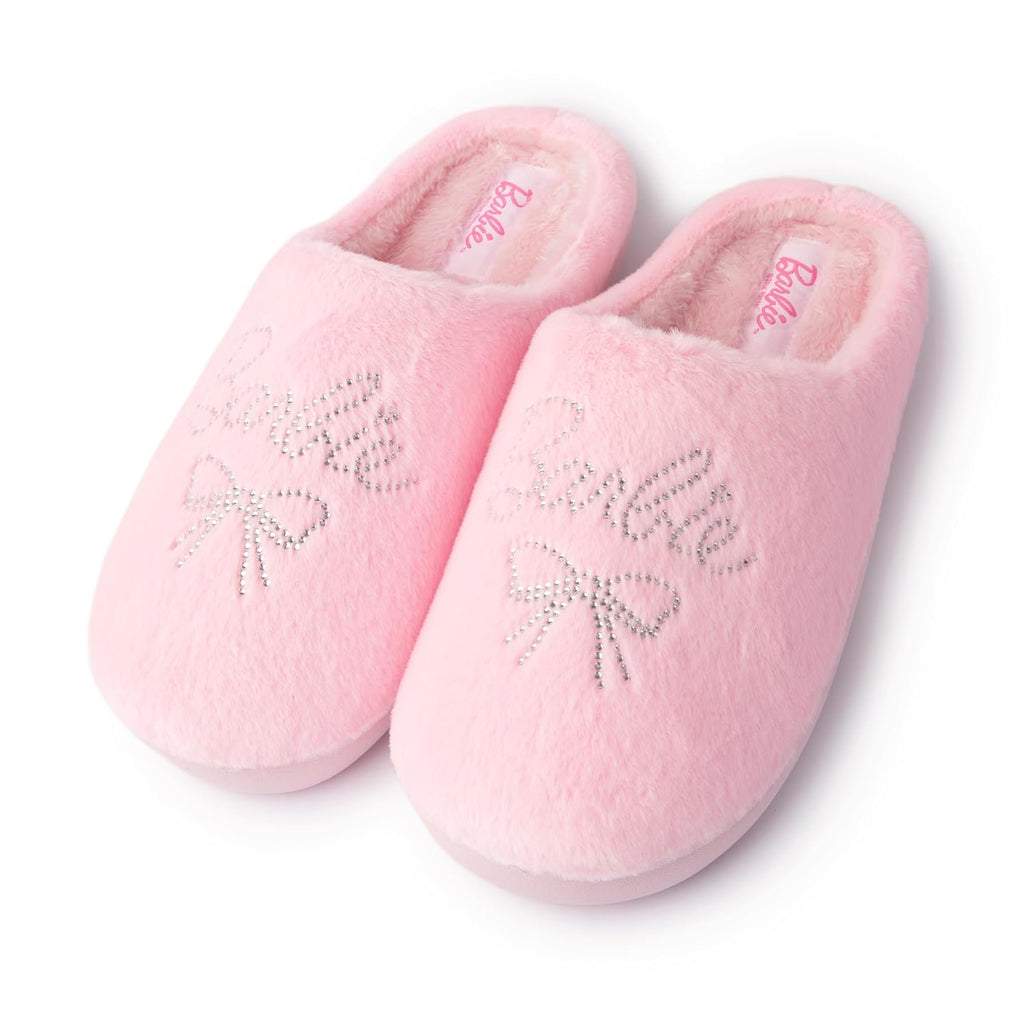 Handcraft Barbie Girls Plush Plaid Clog Slippers with Rhinestone Logo, Pink Candy, 4-5 Big Kid