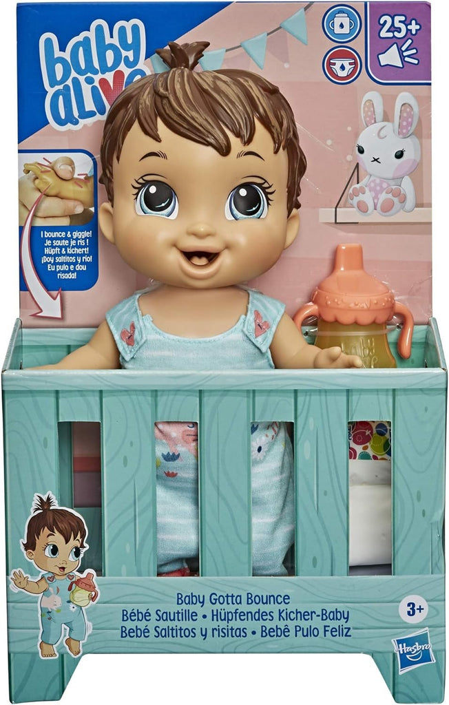 Baby Alive Baby Gotta Bounce Doll, Bunny Outfit, Bounces with 25+ SFX and Giggles, Drinks and Wets, Brown Hair Toy for Kids Ages 3 and Up