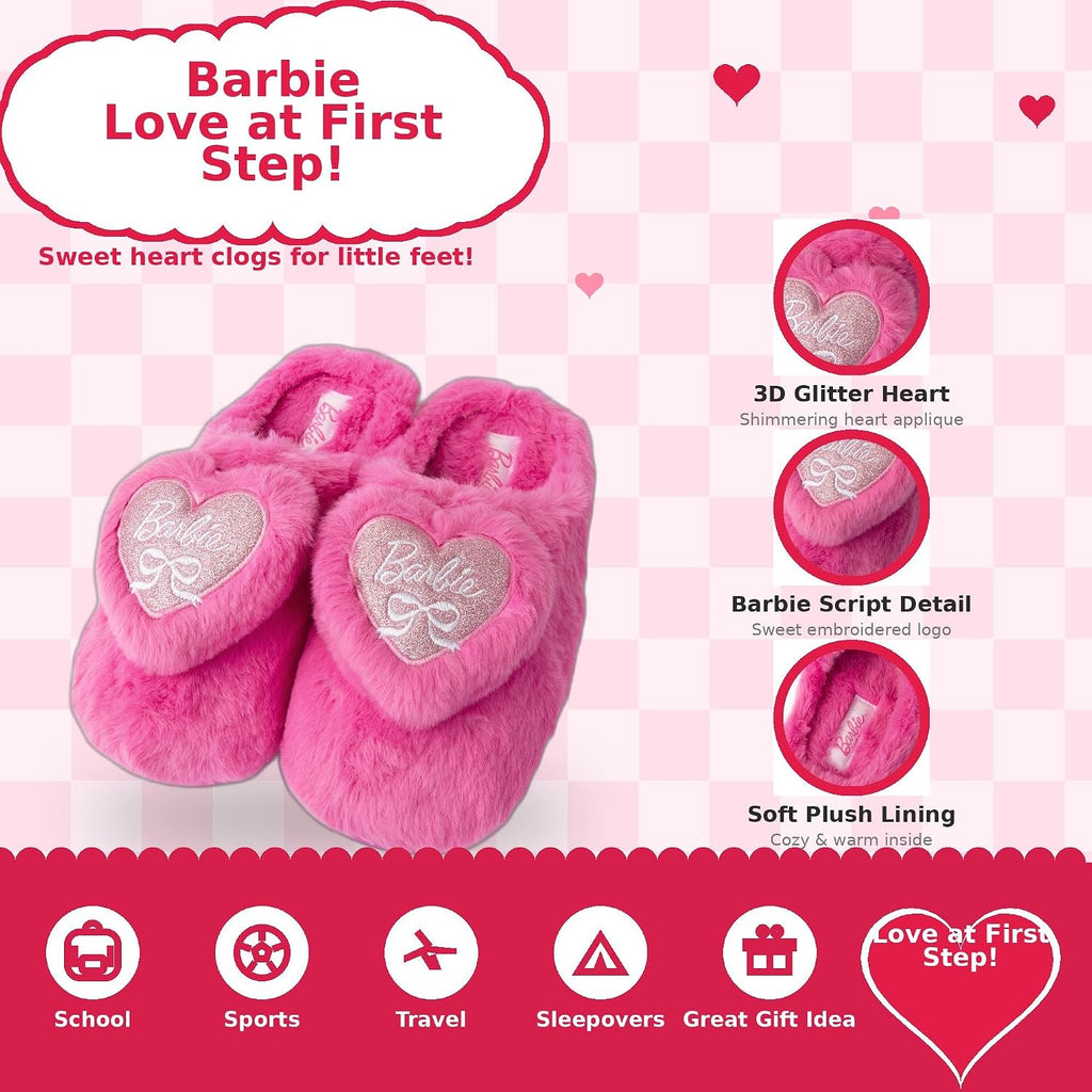 Handcraft Barbie Girls Faux Fur Clog Slippers with 3D Glitter Heart, Pink, 4-5 Big Kid