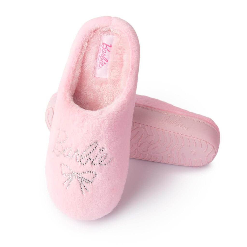 Handcraft Barbie Girls Plush Plaid Clog Slippers with Rhinestone Logo, Pink Candy, 4-5 Big Kid