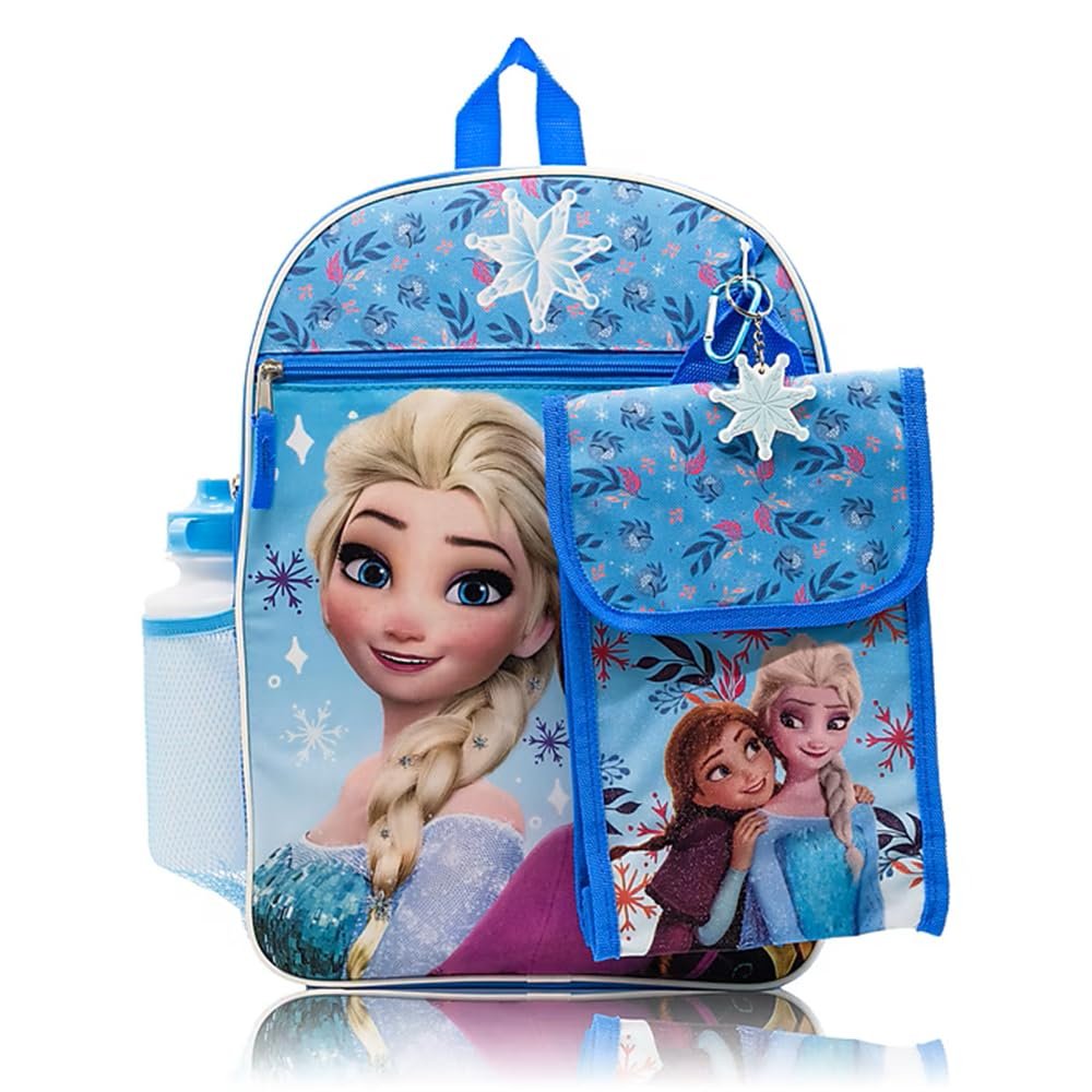 Fast Forward Disney Frozen Girls’ 5-Piece Backpack Set – Includes Lunch Bag, Water Bottle, Keychain & Carabiner – Elsa & Anna School Bundle