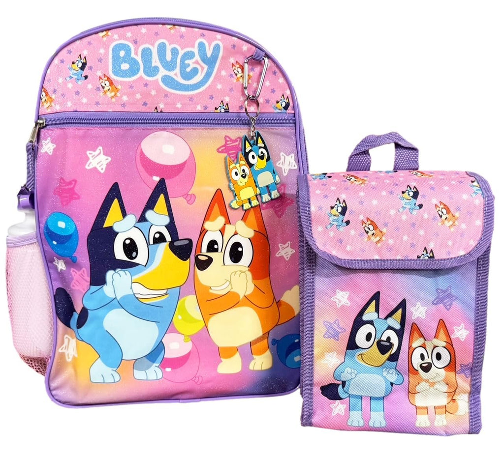 Fast Forward Bluey Backpack Personalized Bookbag and Snack Tote for Back to School with Water Bottle Rubber Dangle and Carabiner - 5pc Set