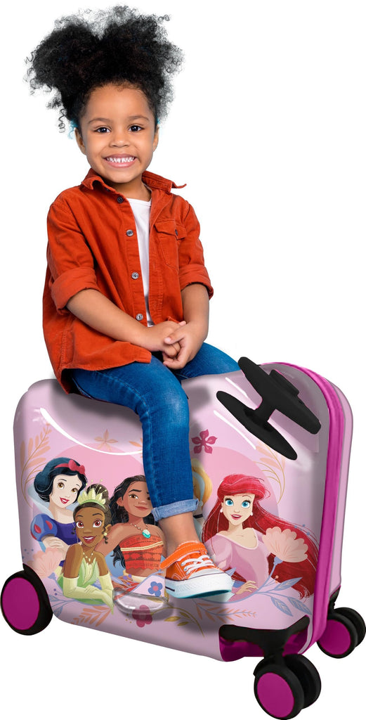 Disney Princess Ride-On Kids Suitcase - 18" Tow-Along Toddler Luggage - Tiana Moana Ariel Cinderella Snow White Carry-On Cute Bag with Wheels 18"x10"x14.5"