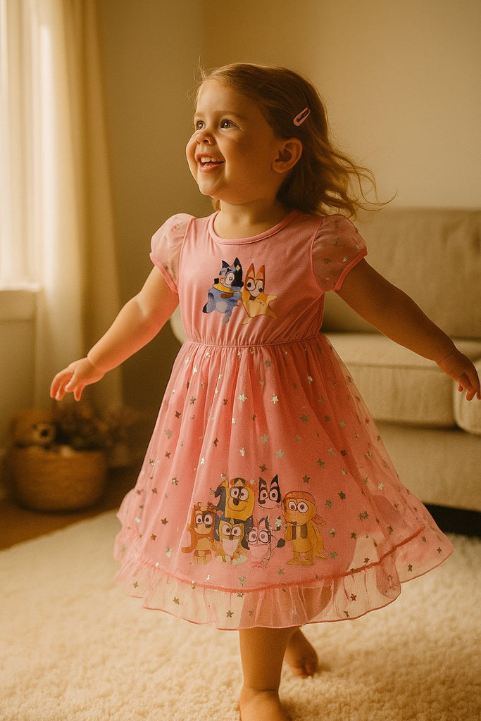 Bluey Girls’ Nightgown – Pink Short Sleeve Sleep Dress Featuring Bluey, Bingo & Friends – Sizes 2T, 3T, 4T