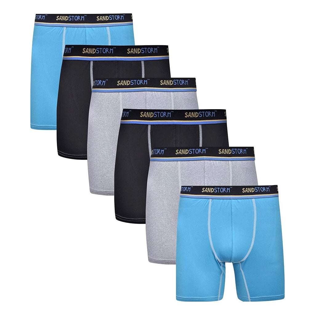 Black/Silver Heather/Polaris Sand Storm Mens Performance Boxer Briefs - 6-Pack No-Fly Tagless Breathable Underwear S-5XL Regular or Plus Size