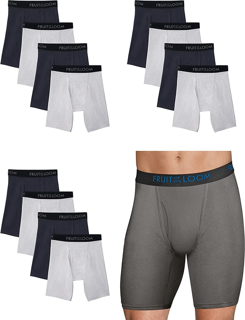 Crafted Comfort Stretch- Covered Waistband- Black Fruit of the Loom Men's Cotton Performance Boxer Briefs (12 Pack)
