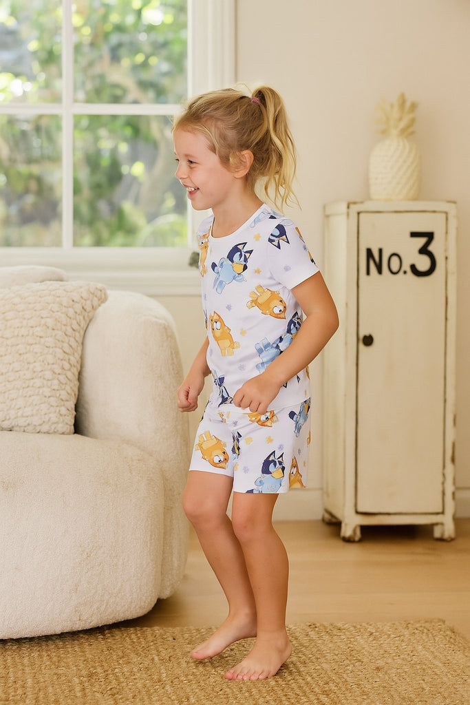 Bluey 4-Piece Girls Pajama Set with 2 Short Sleeve Tops & 2 Shorts Featuring Bluey & Bingo – Toddler Sizes 2T–4T
