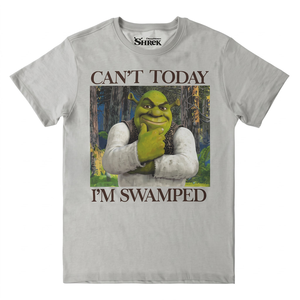 Shrek Men's Short Sleeve T-Shirt – "Can't Today I'm Swamped" Funny Meme Tee – Light Grey