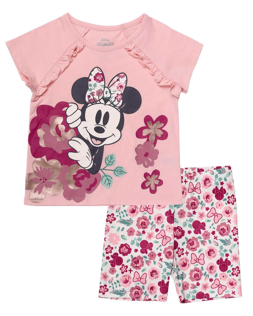 Minnie Mouse Girls 2 Piece Shorts and Short Sleeve T-Shirt Set (Pale Pink, 4T)
