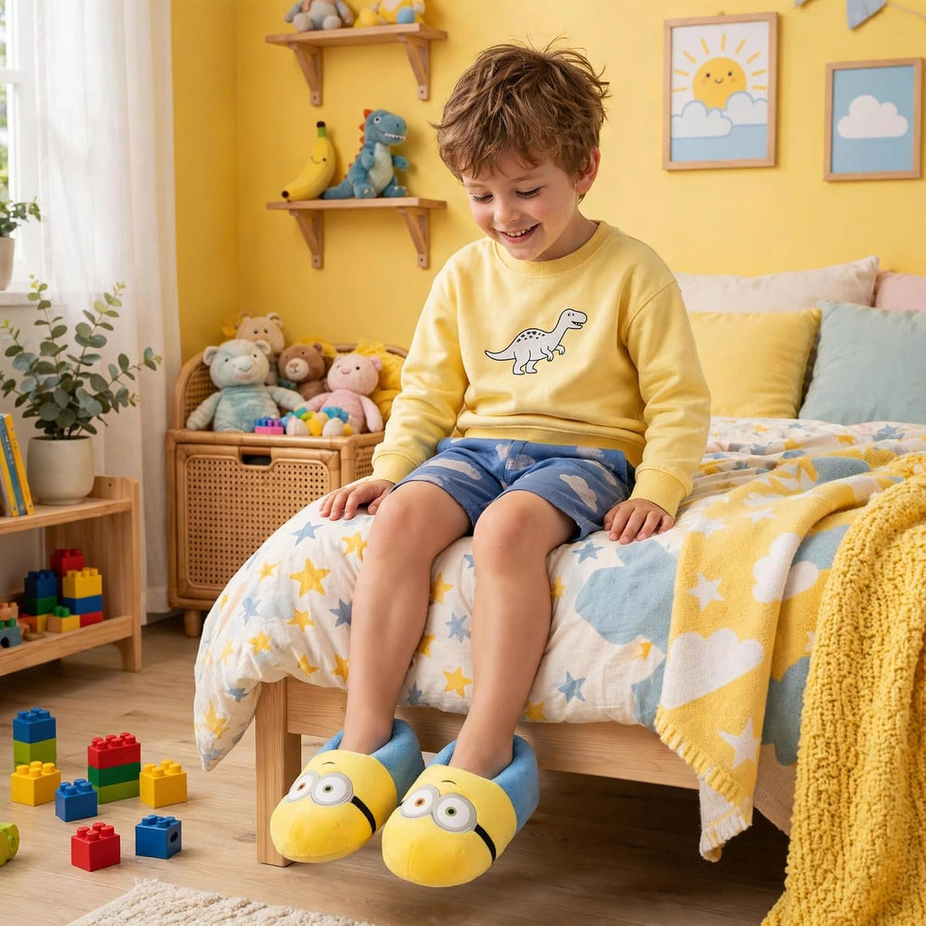 Handcraft Minions Kids Oversized Plush Step-In Slippers with 2 Eyes, Yellow, 7-8 Big Kid