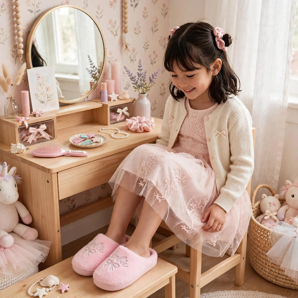 Handcraft Barbie Girls Plush Plaid Clog Slippers with Rhinestone Logo, Pink Candy, 4-5 Big Kid