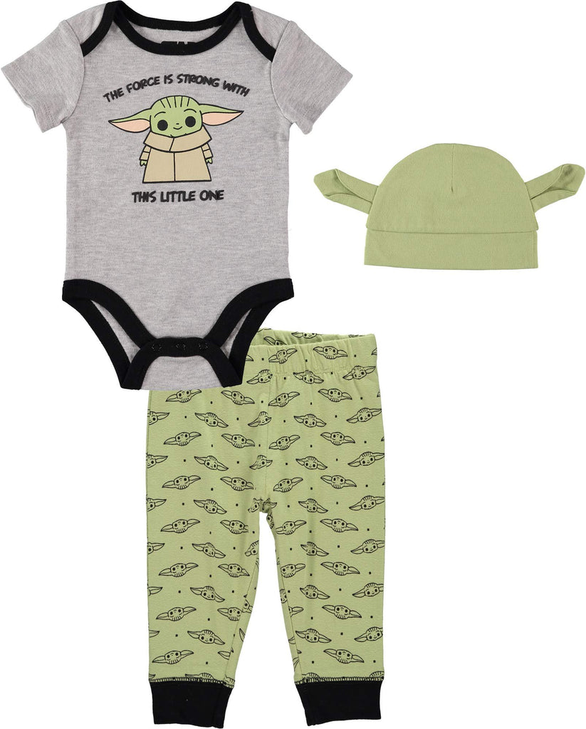 Star Wars The Mandalorian Baby Boys Bodysuit, Pants and Hat Clothing Set - Baby Yoda Baby Clothes (Grey/Green/Black, 6-9M)
