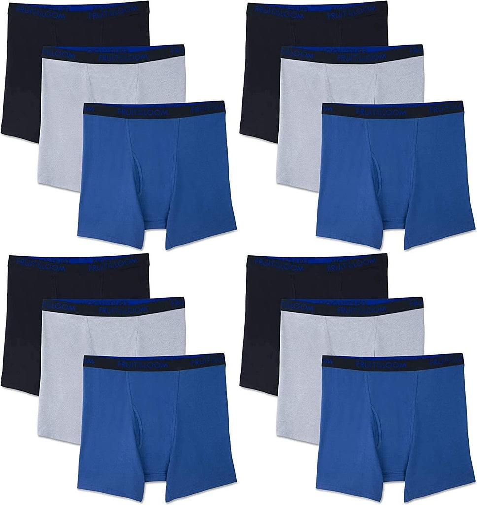 Crafted Comfort Stretch- Covered Waistband- Black Fruit of the Loom Men's Cotton Performance Boxer Briefs (12 Pack)