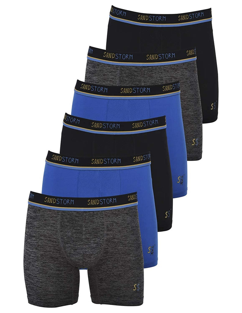 Black/Silver Heather/Polaris Sand Storm Mens Performance Boxer Briefs - 6-Pack No-Fly Tagless Breathable Underwear S-5XL Regular or Plus Size