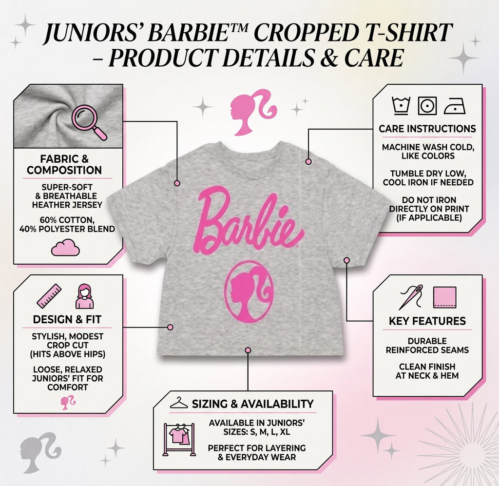 Barbie Juniors Short Sleeve Cropped T-Shirt – Pink Logo Crop Tee – Grey