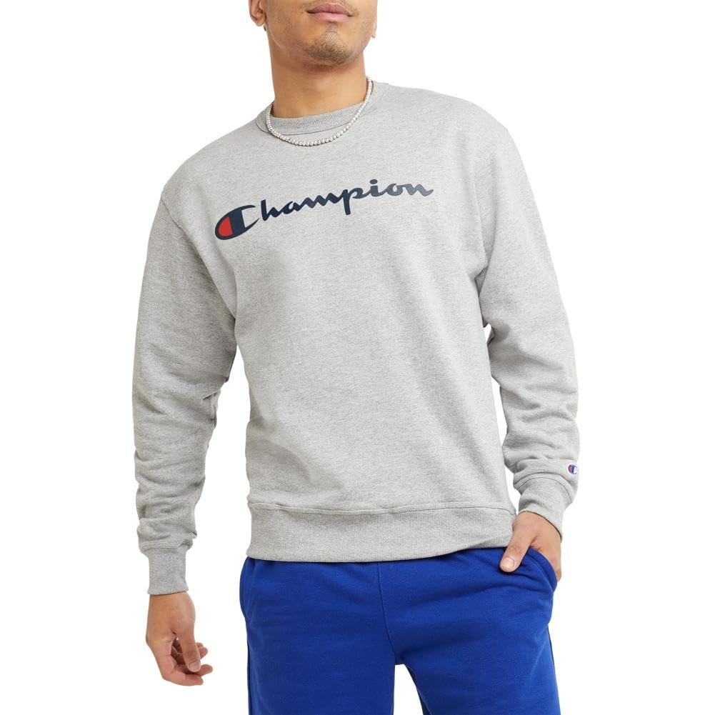 Champion Crewneck, Powerblend Fleece, Hoodie Sweatshirt for Men, Logo (Reg Tall), Oxford Gray Script, 3X-Large Big