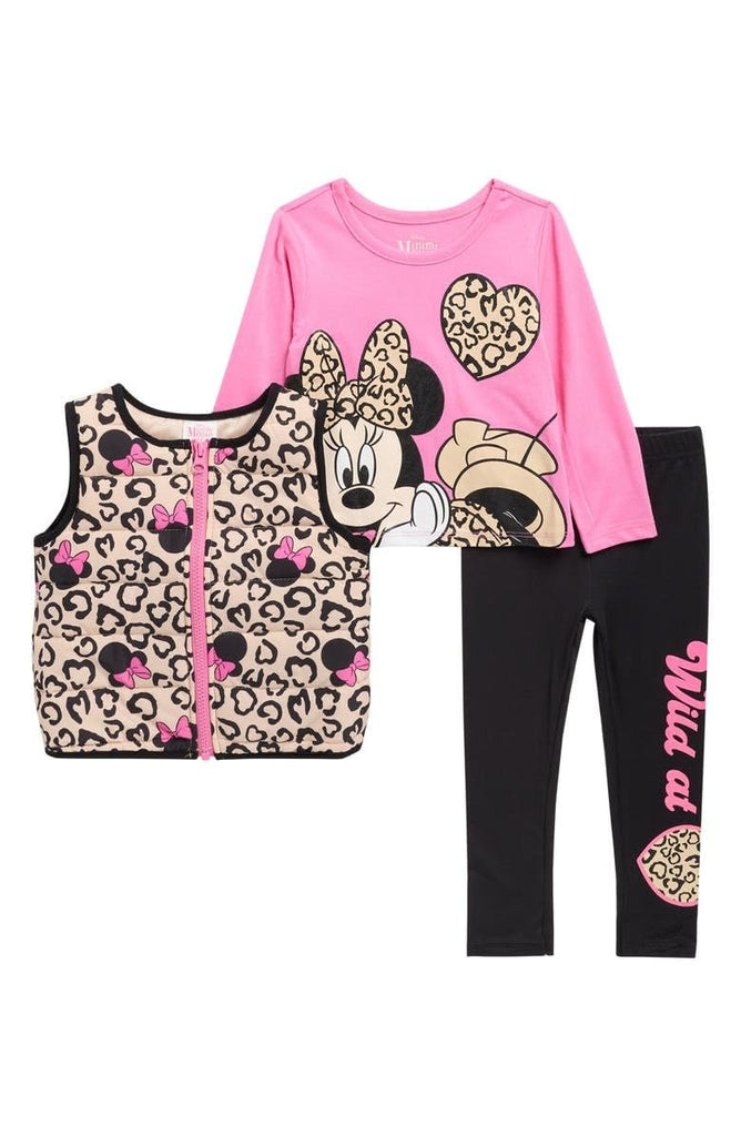 Disney Minnie Mouse Girls’ 3-Piece Outfit Set – Leopard Print Vest, Long Sleeve Top & Leggings – Toddler & Kids Clothing