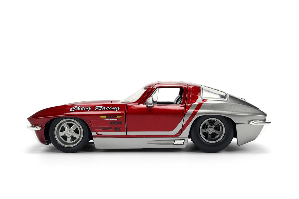 Jada Toys Bigtime Muscle 1:24 1963 Chevy Corvette Die-cast Car – Opening Doors, Hood, Trunk, Rubber Tires(Candy Red/Grey)