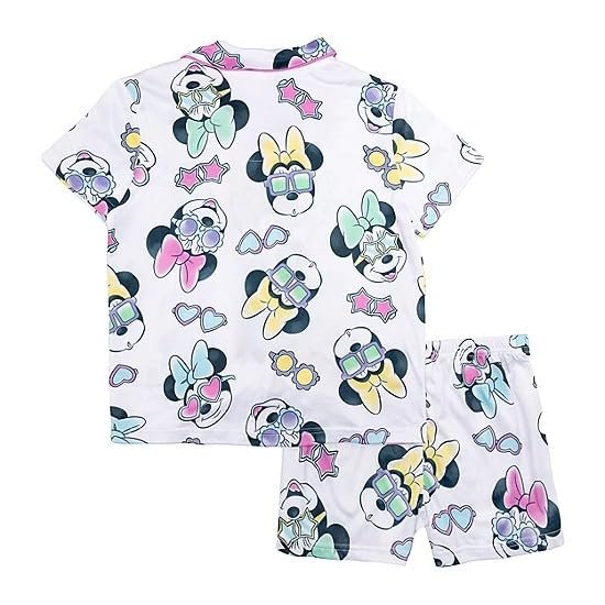 Centric Brands Minnie Mouse Girls’ 2pc Pajama Set – Button-Down Collared Top & Shorts Featuring Minnie in Sunglasses – 2T–4T