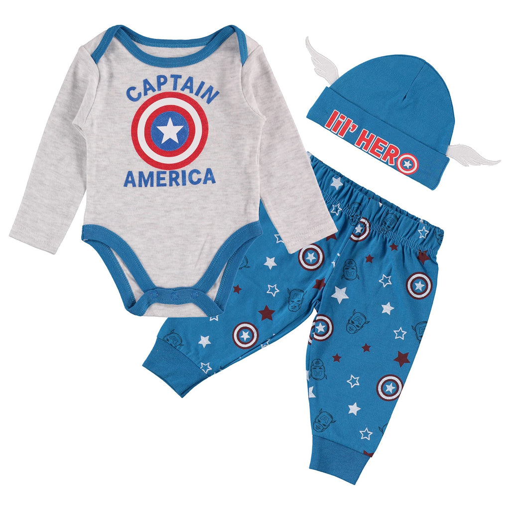 CAPTAIN AMERICA Marvel Baby Boys Clothing 3-Piece Set with Baby Bodysuit, Pants, and Hat - Newborn Boy Outfits (Grey/Blue/Red, 0-3 Months)