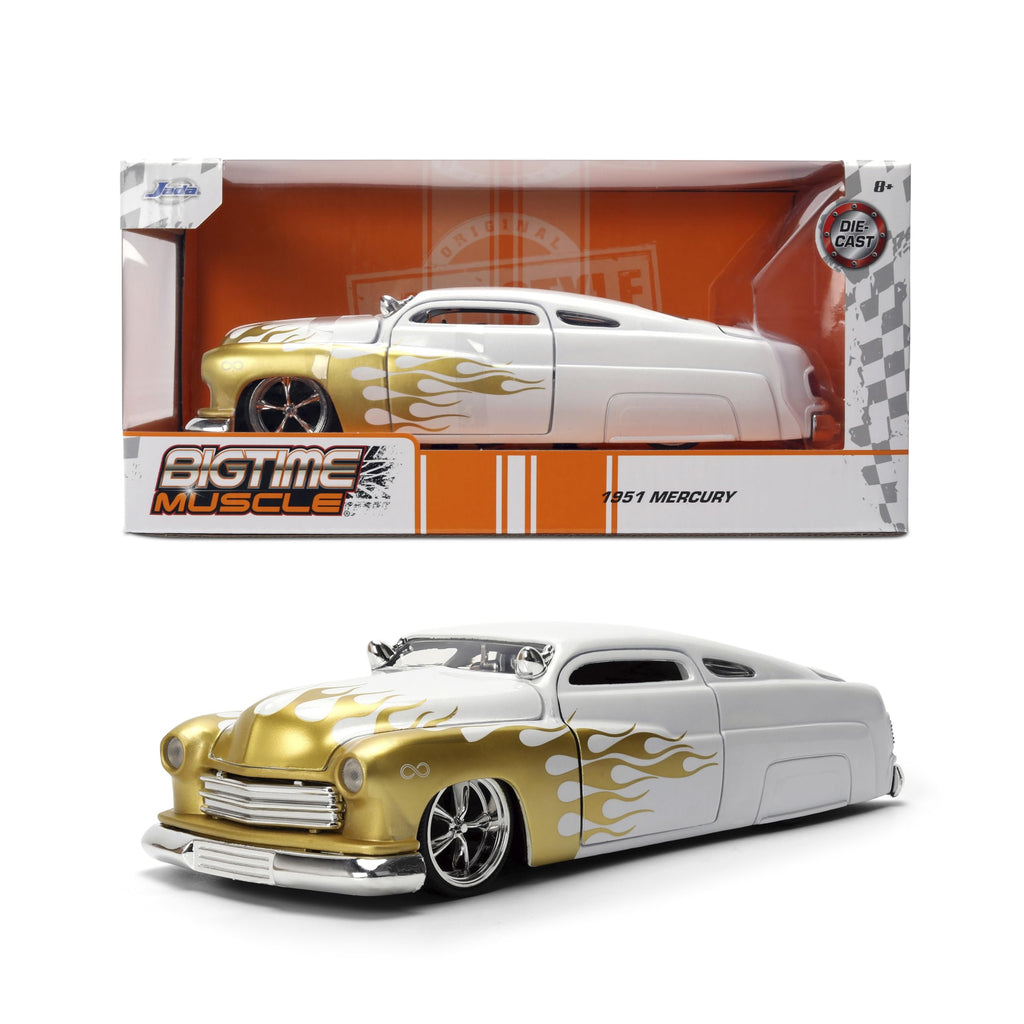 Jada Toys Bigtime Muscle 1:24 1951 Mercury Die-cast Car – Opening Doors, Hood, Trunk, Rubber Tires(White/Gold Flames)