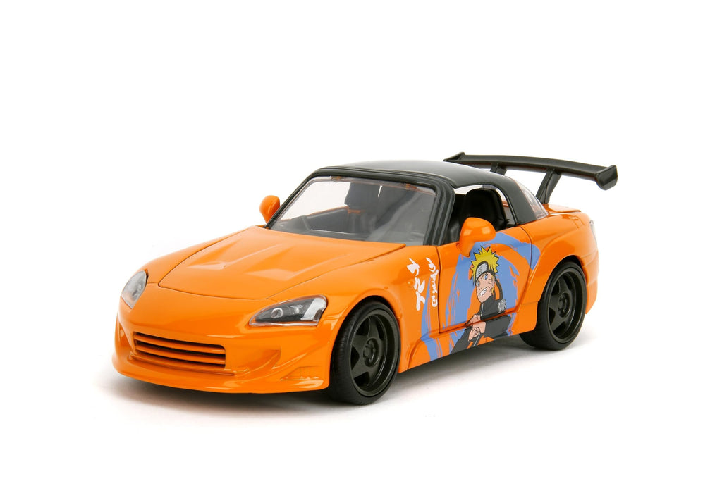 Jada 2001 Honda S2000 with Naruto Figure - Die-Cast Vehicle - 1:24 Scale, Opening Doors, Hood & Trunk, Rubber Tires - Hollywood Rides Anime Series - Ages 8+ - Orange/Black