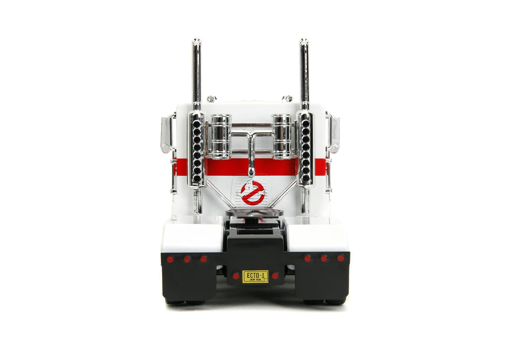 Jada Transformers G1 Optimus Prime Big Rig with Ghostbusters Ecto-1 Graphics - Die-Cast Vehicle - 1:24 Scale, Opening Doors, Hood & Trunk, Rubber Tires - Ages 8+ - White/Green