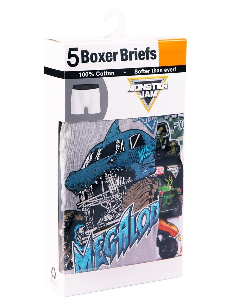 Monster Jam Boys 5-Pack Boxer Briefs, Grave Digger Megalodon Earth Shaker Soldier Fortune, Size 2T