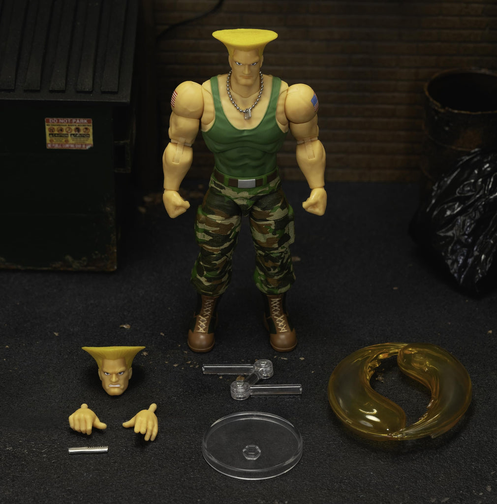 Jada Toys Street Fighter II Guile Action Figure 1:12 Scale, 6" Tall, Interchangeable Heads, Hands & Accessories