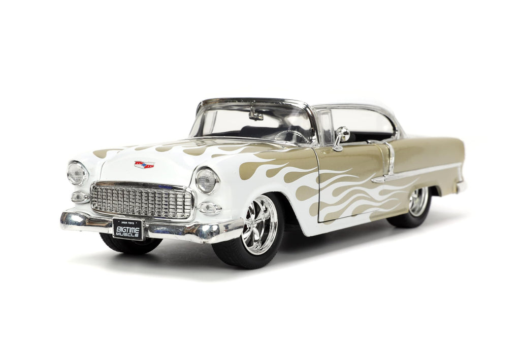 Big Time Muscle 1:24 1955 Chevy Bel Air Die-Cast Car, Toys for Kids and Adults(White/Gold Flames)