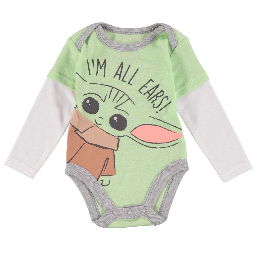 STAR WARS Baby Yoda Boys' 3 Piece Long Sleeve Bodysuit Pull-on Pants and Accessory (Green/White/Grey, 6-9 Months)