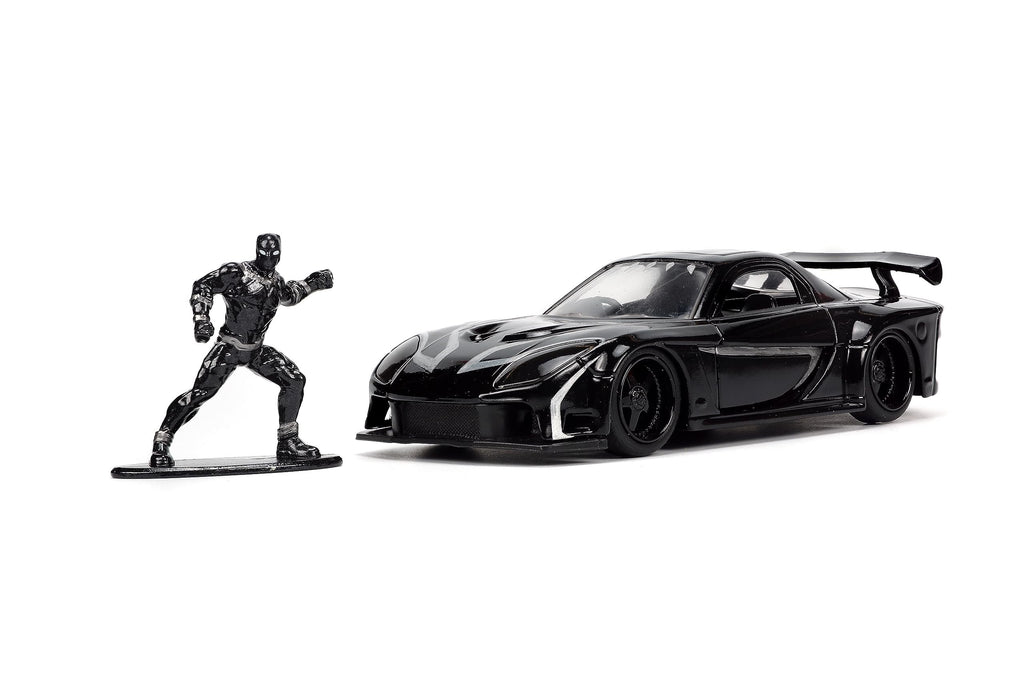 Marvel 1:32 Black Panther 1995 Mazda RX7 Widebody Die-Cast Car & 1.65” Black Panther Figure, Toys for Kids and Adults