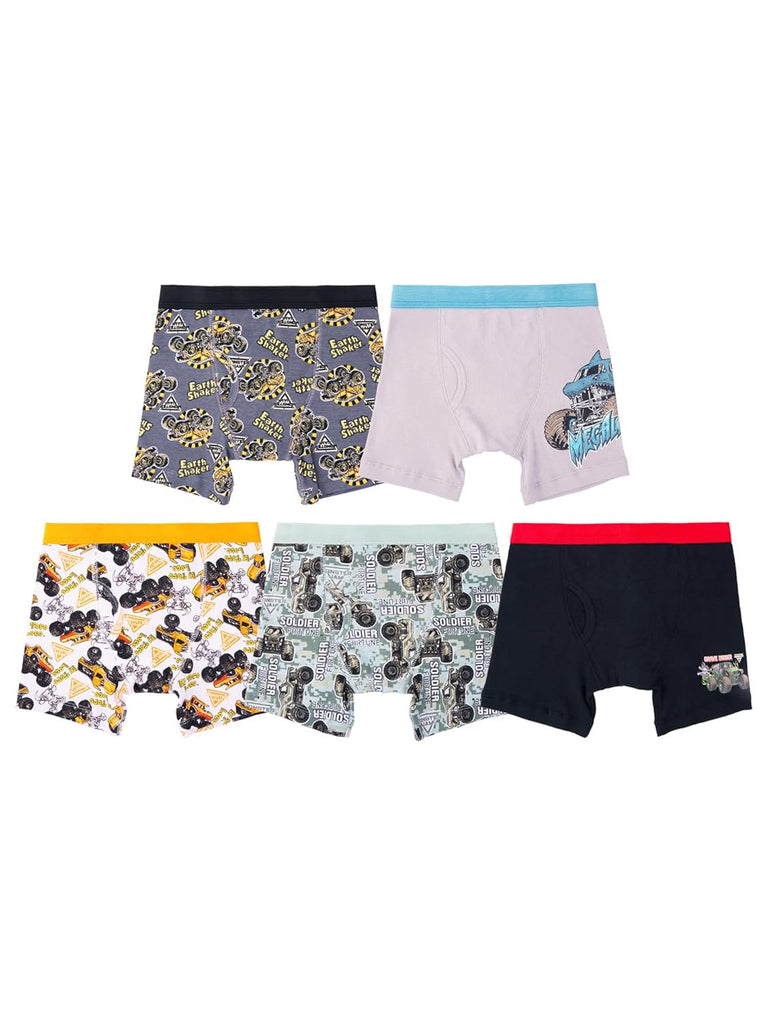 Monster Jam Boys 5-Pack Boxer Briefs, Grave Digger Megalodon Earth Shaker Soldier Fortune, Size 2T