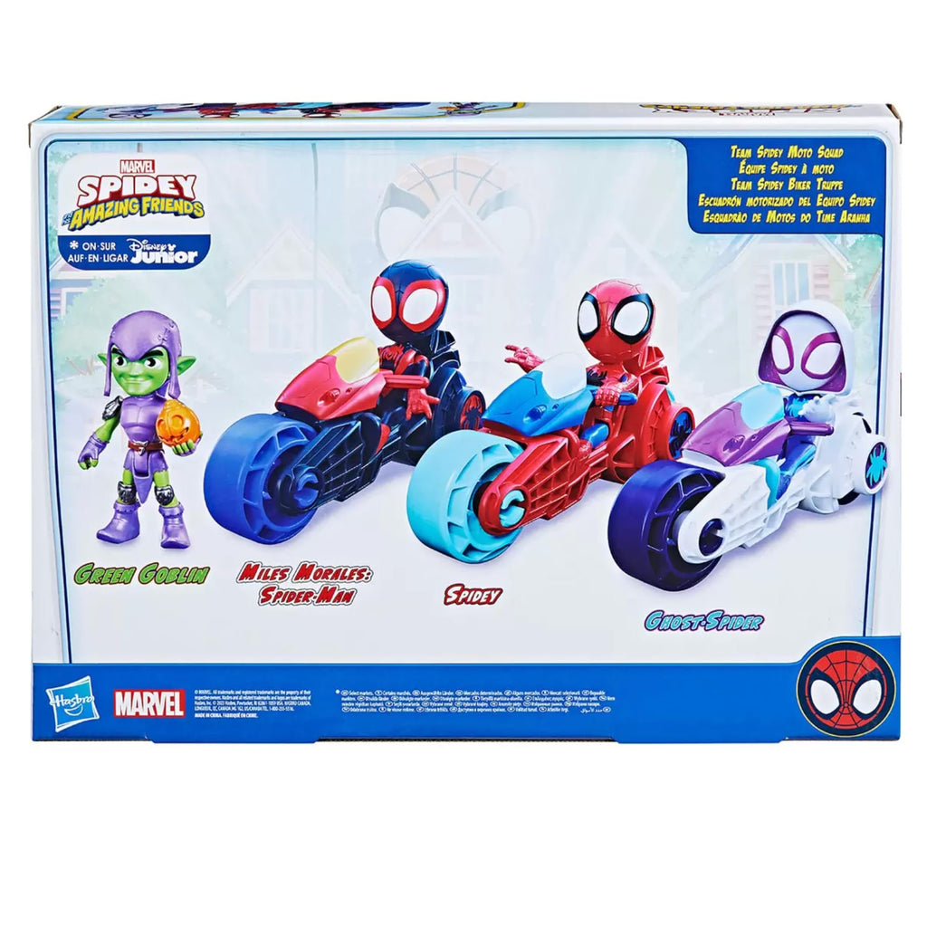 Spidey and his Amazing Friends Motorized Squad of 4 Mini Vehicles with Miles Morales, Green Goblin, Gwen Stacy, Peter Parker - Toy Set for Kids Aged 3+