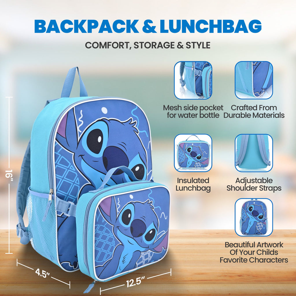 Stitch Fast Forward Disney 16" Backpacks With Lunch Bag - Licensed Characters Kids Schoolbag
