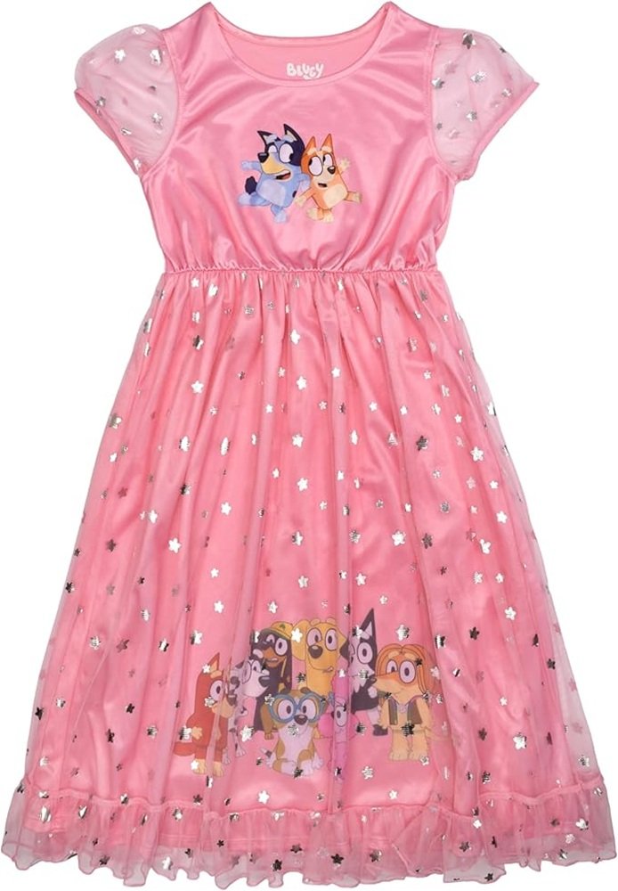 Bluey Girls’ Nightgown – Pink Short Sleeve Sleep Dress Featuring Bluey, Bingo & Friends – Sizes 2T, 3T, 4T