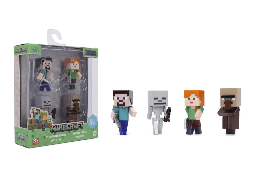Jada Minecraft Metalfigs 4-Pack – 2.5” Die-Cast Collectible Figures Toys – Wave 4 Set Featuring Steve with Sword, Alex with Axe, Skeleton & Villager