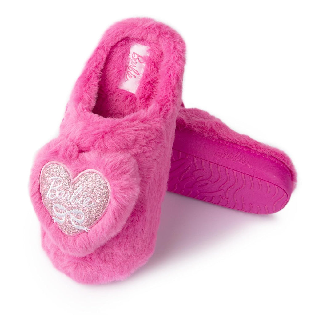Handcraft Barbie Girls Faux Fur Clog Slippers with 3D Glitter Heart, Pink, 4-5 Big Kid