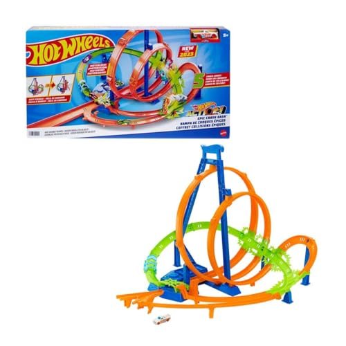 Hot Wheels Track Set, Epic Crash Dash with 5 Crash Zones, Motorized Booster and 1 Hot Wheels 1:64 Scale Toy Car, Easy Storage