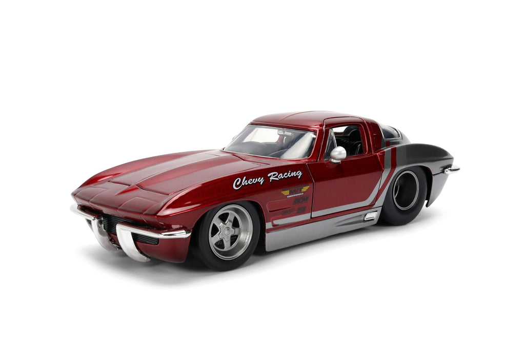 Jada Toys Bigtime Muscle 1:24 1963 Chevy Corvette Die-cast Car – Opening Doors, Hood, Trunk, Rubber Tires(Candy Red/Grey)