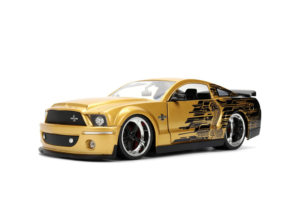Jada Toys Bigtime Muscle 1:24 2008 Ford Shelby GT-500KR Die-cast Car – Opening Doors, Hood, Trunk, Rubber Tires(Gold Black)