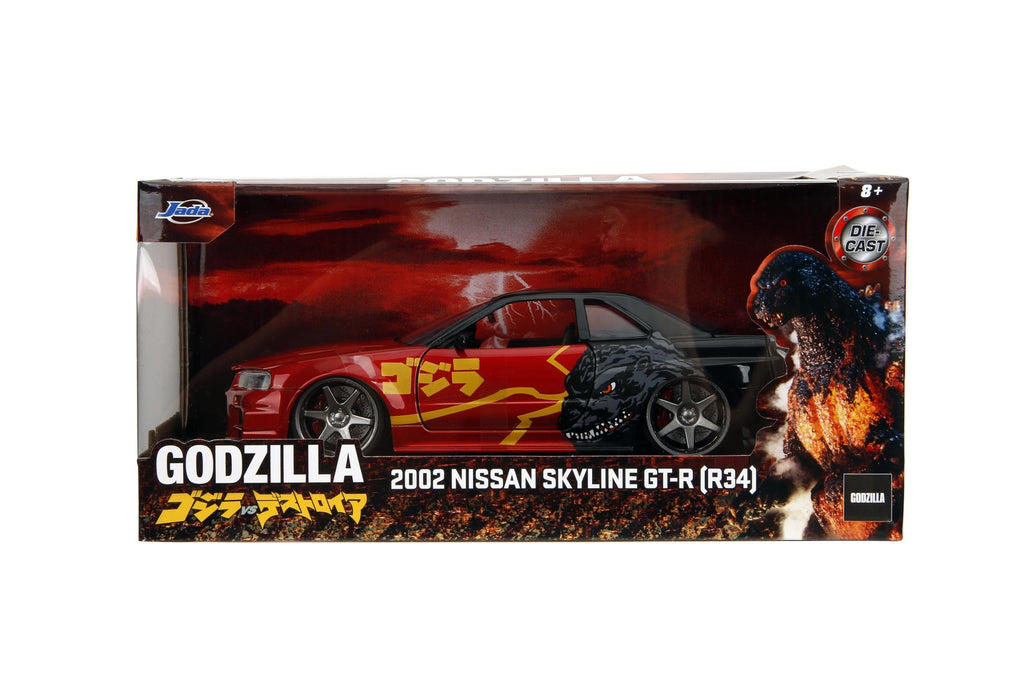 Jada Godzilla 2003 Nissan Skyline GTR R34 – 1:24 Scale Die-Cast, Opening Doors, Hood, Trunk, Rubber Tires – Collectible for Adults – Toho Licensed