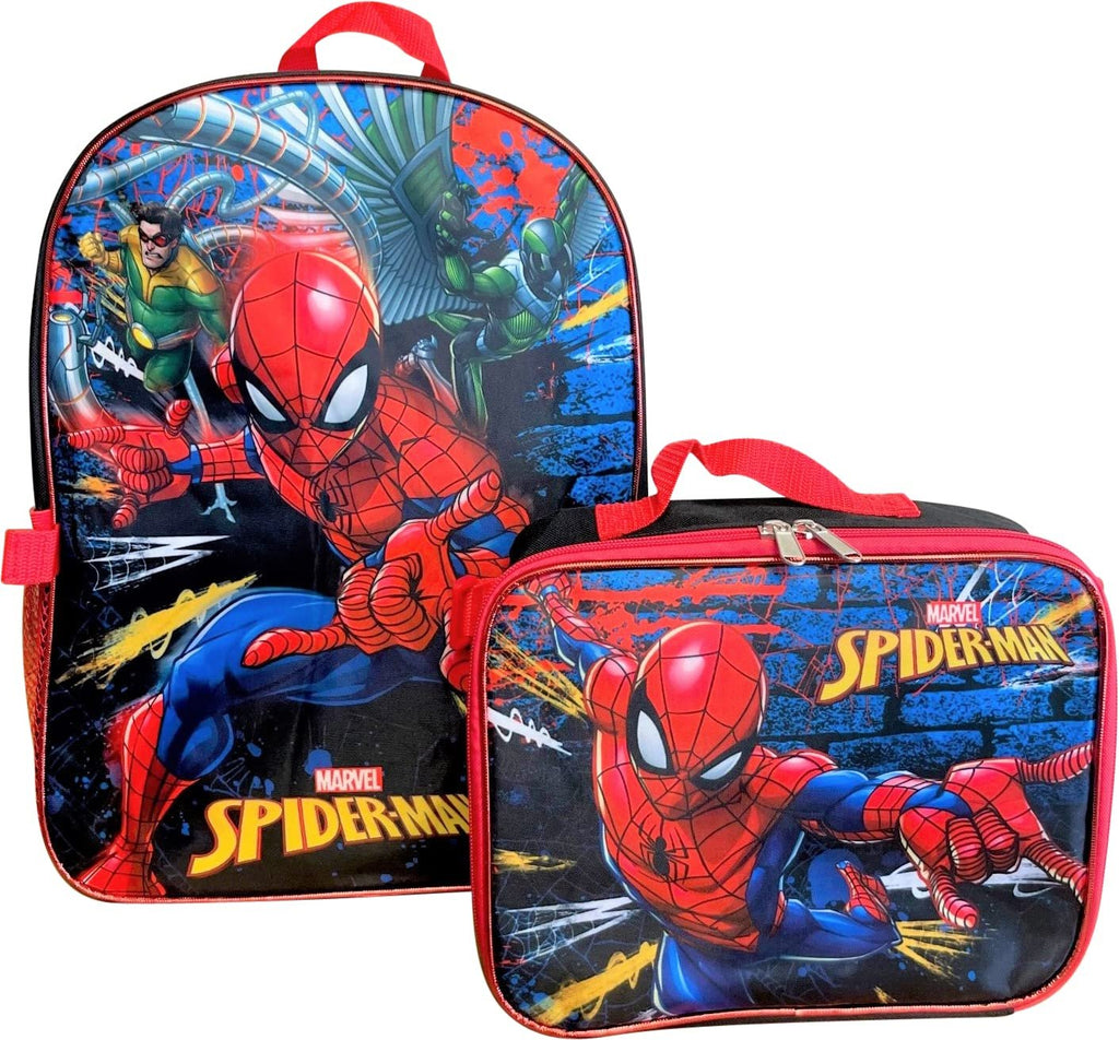 Spiderman Boys 16 Inch Backpack With Removable Matching Lunch Box Set (Black-Red)