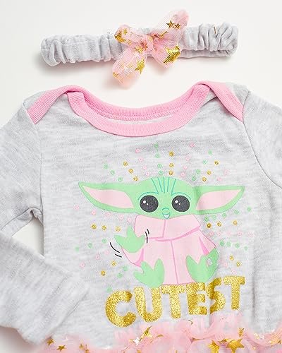 STAR WARS Baby Yoda Newborn Baby Girl Long Sleeve Bodysuit with Tutu and Headband (Grey/Pink/Green, 0-3 Months)