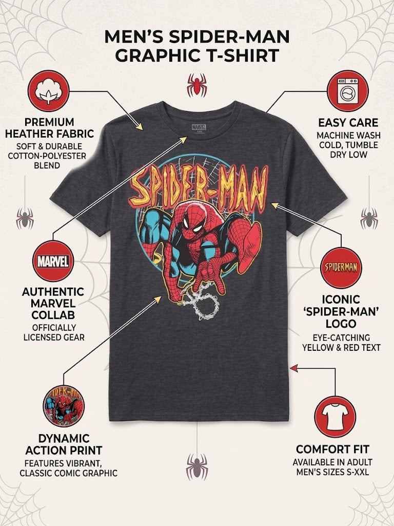 Marvel Spider-Man Men's Short Sleeve T-Shirt – Neon Comic Graphic Tee – Charcoal