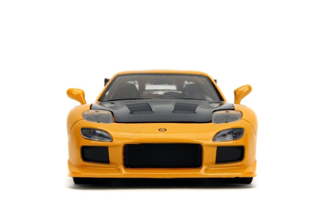 Jada Toys JDM Tuners 1:24 Scale Die-Cast 1993 Mazda RX-7 (FD) HKS, Opening Doors, Detailed Interior, Rubber Tires, Collectible for Ages 8+(Yellow Orange)