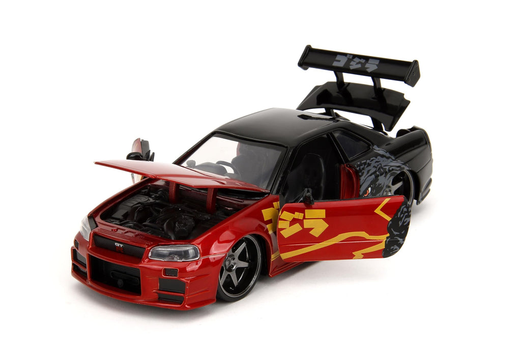 Jada Godzilla 2003 Nissan Skyline GTR R34 – 1:24 Scale Die-Cast, Opening Doors, Hood, Trunk, Rubber Tires – Collectible for Adults – Toho Licensed